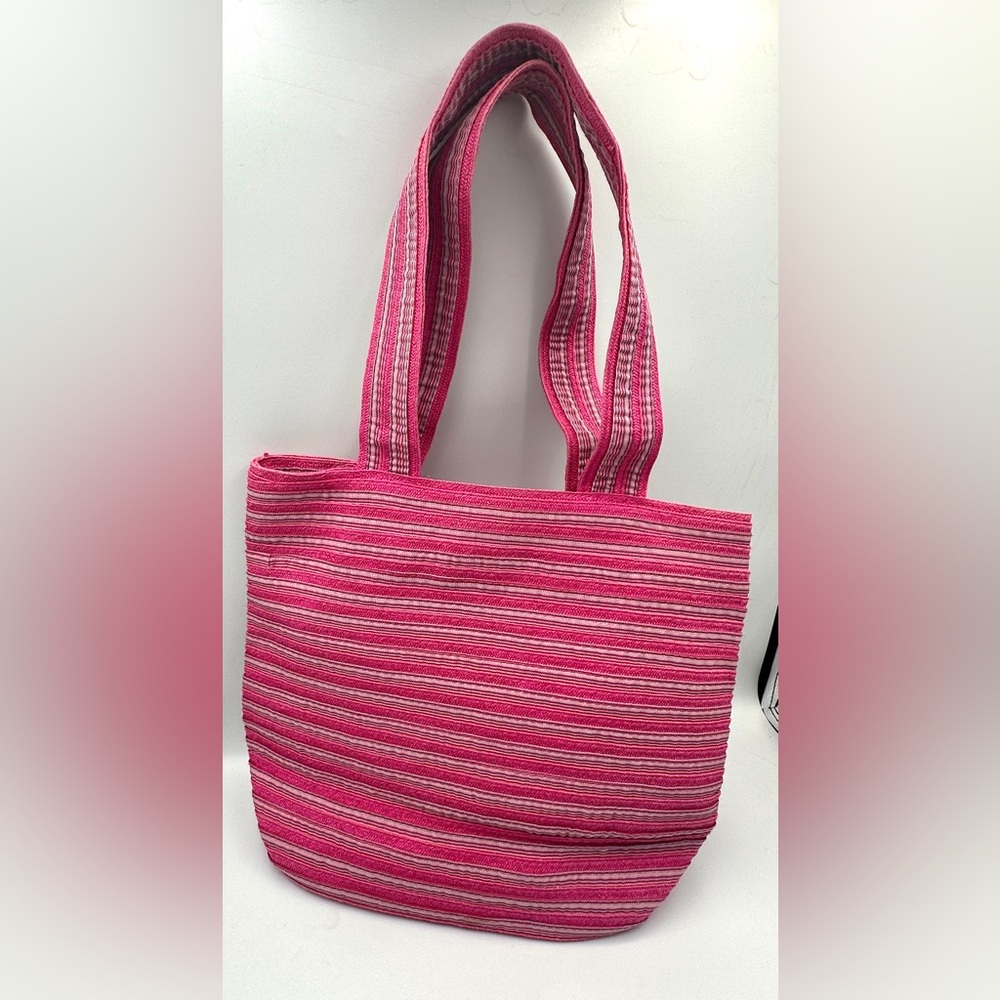 Cappelli Straworld Pink Straw And Ribbon Striped Tote Bag